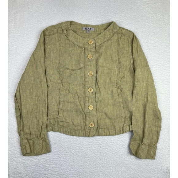 Flax Tops - FLAX Blouse Womens Medium Green Linen Cropped Button Front Long Sleeve Top